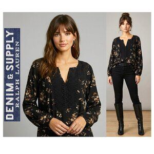 DENIM & SUPPLY  - RALPH LAUREN Black floral Boho blouse with lace detailing